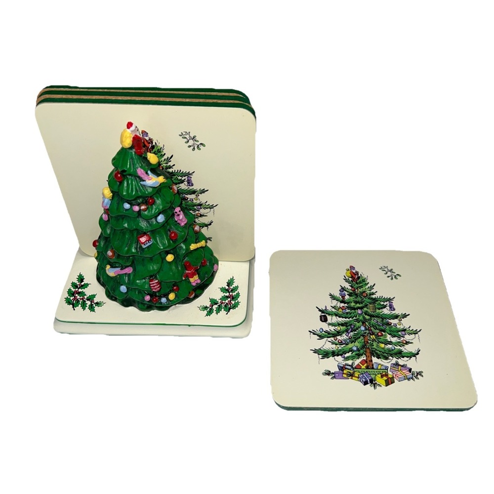 Vintage 2006‎ Spode Porcelain Christmas Tree Coaster Holder and Four Coasters